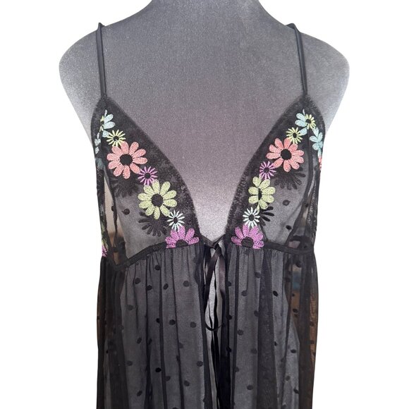 Savage X Fenty Floral Embroidered Sheer Black Long Lingerie Dress X-Large - Picture 2 of 6